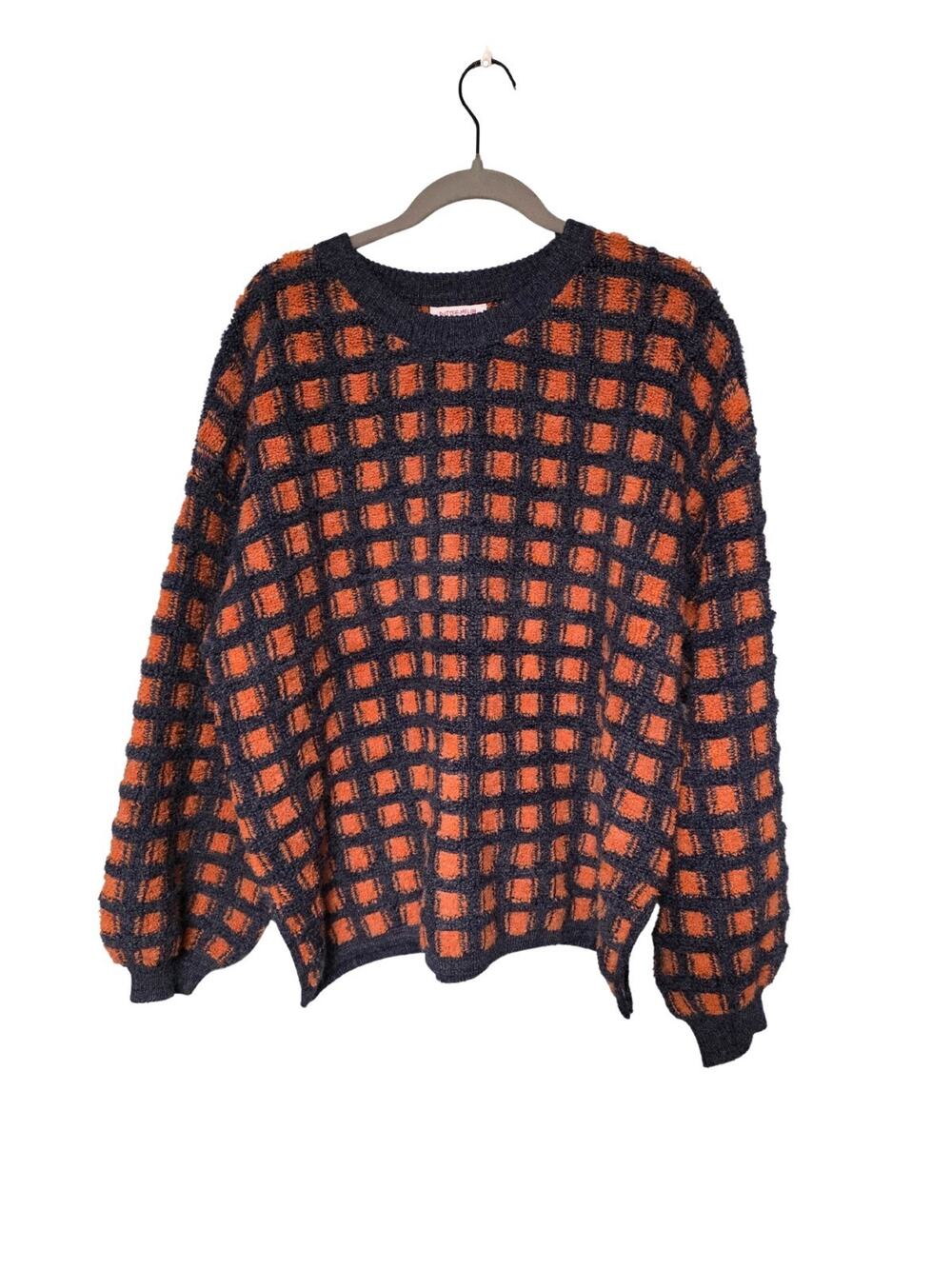 Womens Medium Orange Gray Oversized Sweater Balloon Sleeve Soft Cabin Cottage